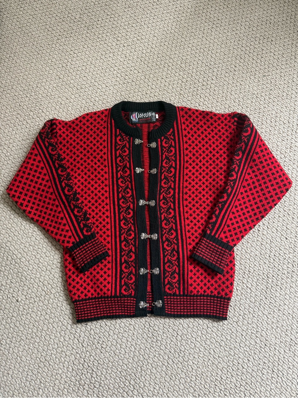 Pure Wool Knit Cardigan - red & black